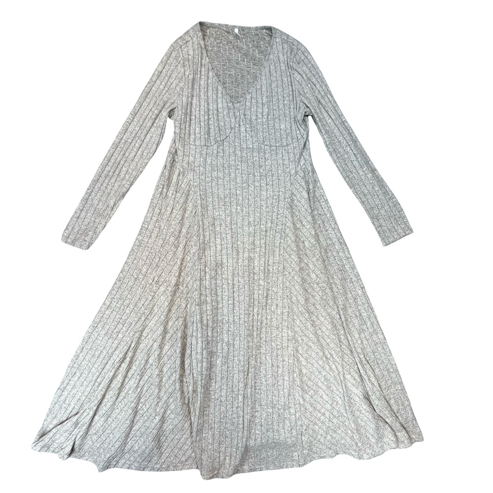 Halara Womens Midi Dress Heather Grey Ribbed Empire‎ Waist V-Neck Long Sleeve XL